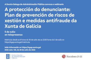 Imaxe do webinario - Webinario A protección do denunciante: Plan de prevención de riscos de xestión e medidas antifraude da Xunta de Galicia.